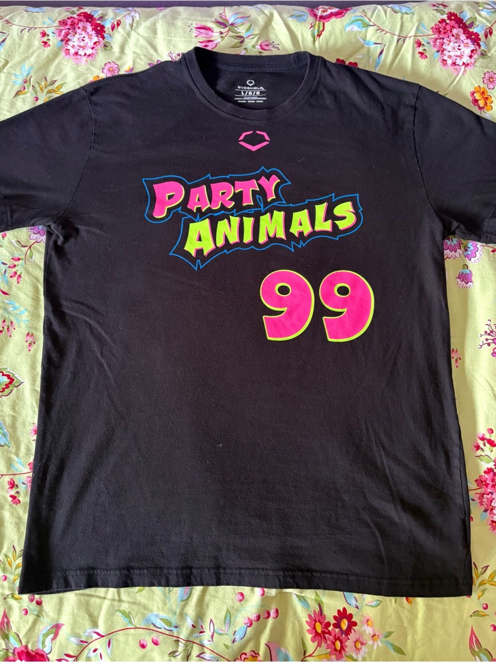 Party Animals x EvoShield Banana League #99 black tee mens large 28x22 EUC
